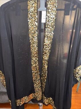 NWT Black Sequin Trim Sheer Kimono